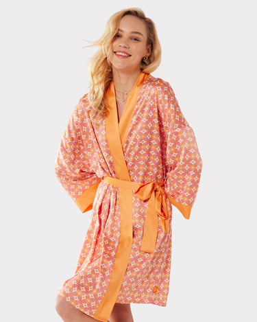Satin Orange & Pink Retro Tile Print Kimono Short Pyjama Set